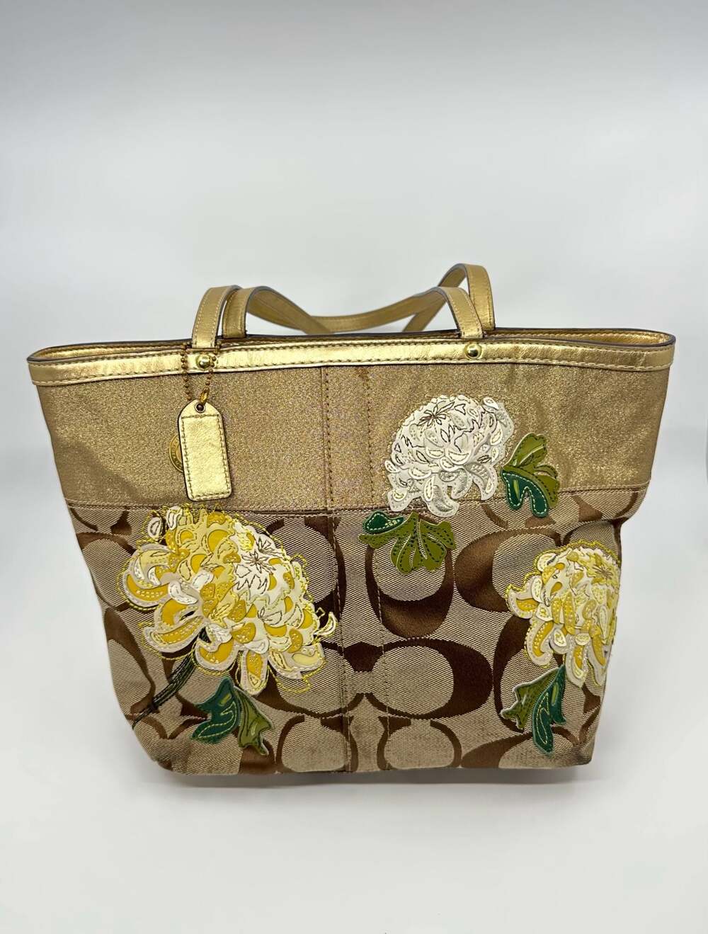 Coach Signature Floral Applique Tote Bag Gold Brown